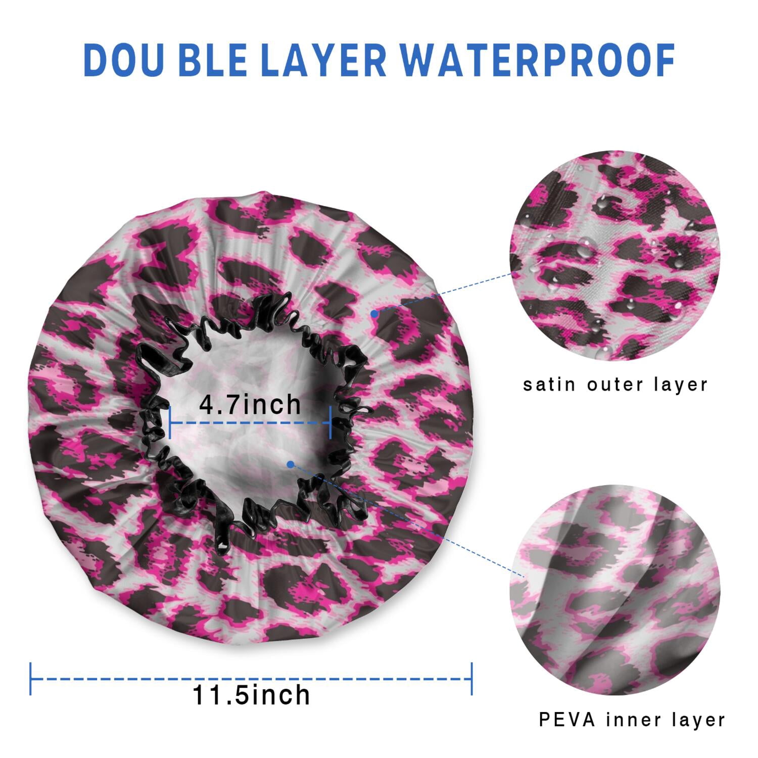 Shower Caps,Pink and Gray Of Leopard Print Waterproof Shower Cap for Women 4 Pieces,Double Reusable Hair Cover for Shower PEVA Elastic Stretch Hem