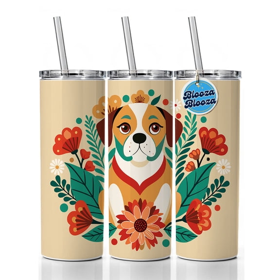 Puggle Floral Motif Dog 20oz Insulated Water Bottle Skinny Tumbler Includes Straw