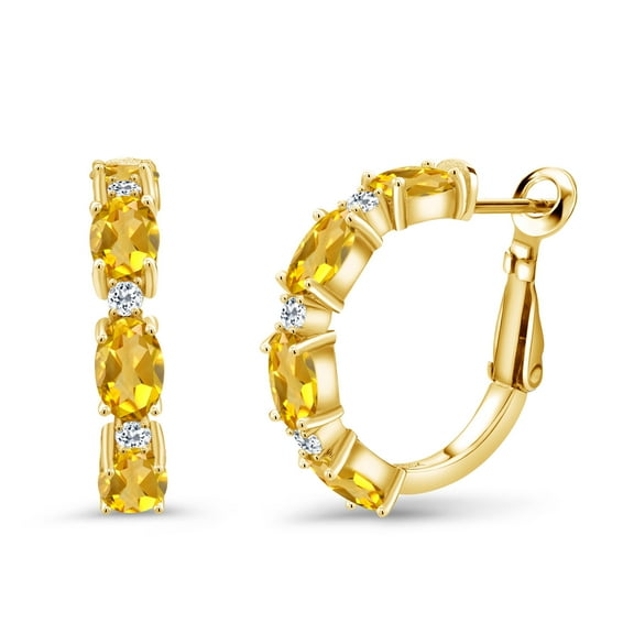 Gem Stone King 3.84 Ct Oval Yellow Citrine White Topaz 18K Yellow Gold Plated Silver Hoop Earrings