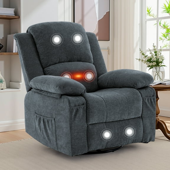YSICK 360°Swivel Rocker Recliner Chair with Heat & Massage, Chenille Manual Recliner for Adults with Side Pockets for Living Room,Dark Grey