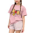 thumbnail image 2 of LvhaoGJOB Little Kids Girls T-Shirt and Shorts Outfit Set, Beige - large Pink bow graphic, notebook print with pink bow, 2 of 6