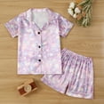 thumbnail image 4 of Ticikt Girls Silk Pajamas, 2 Pcs Cute Print Satin Pjs Set Button Down Soft Top with Shorts Sleeve Sleepwear,Color:Purple,Size:6-7 Years, 4 of 7