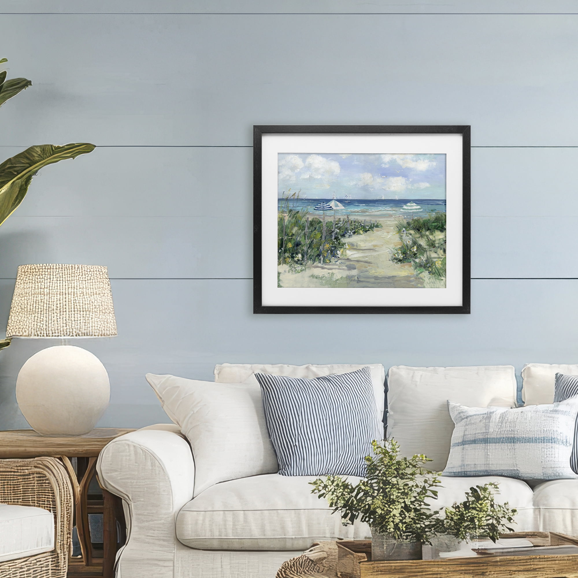 Stupell Industries Seaside Path To Striped Umbrellas Black Framed Print Under Glass, design by Sally Swatland