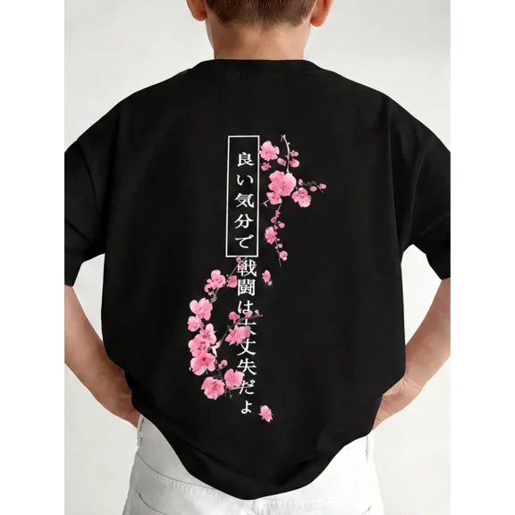 Childrens Wear Pink Cherry Blossom Japanese Text Graphic T Shirt For Boys Girls Funny Cute Style Holiday Gift Unisex Short Sleeve Cotton Tee