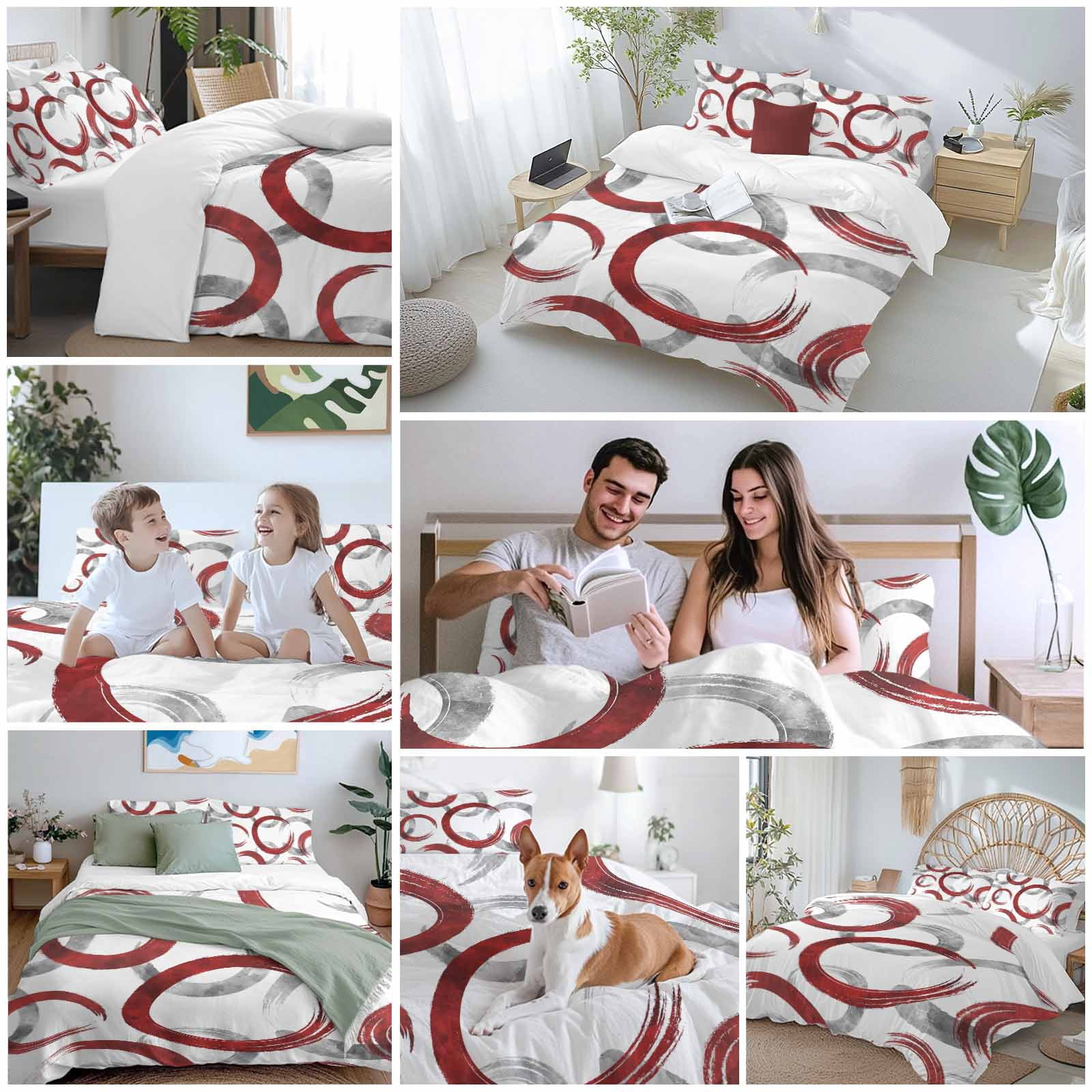 Red Grey Bedding 3 Piece Duvet Cover Set Queen Size, Geometric Circle Modern Abstract Simple Art Soft Microfiber Comforter Cover with Zipper Closure & Pillowcases, Wrinkle & FadeResistant Quilt Cover