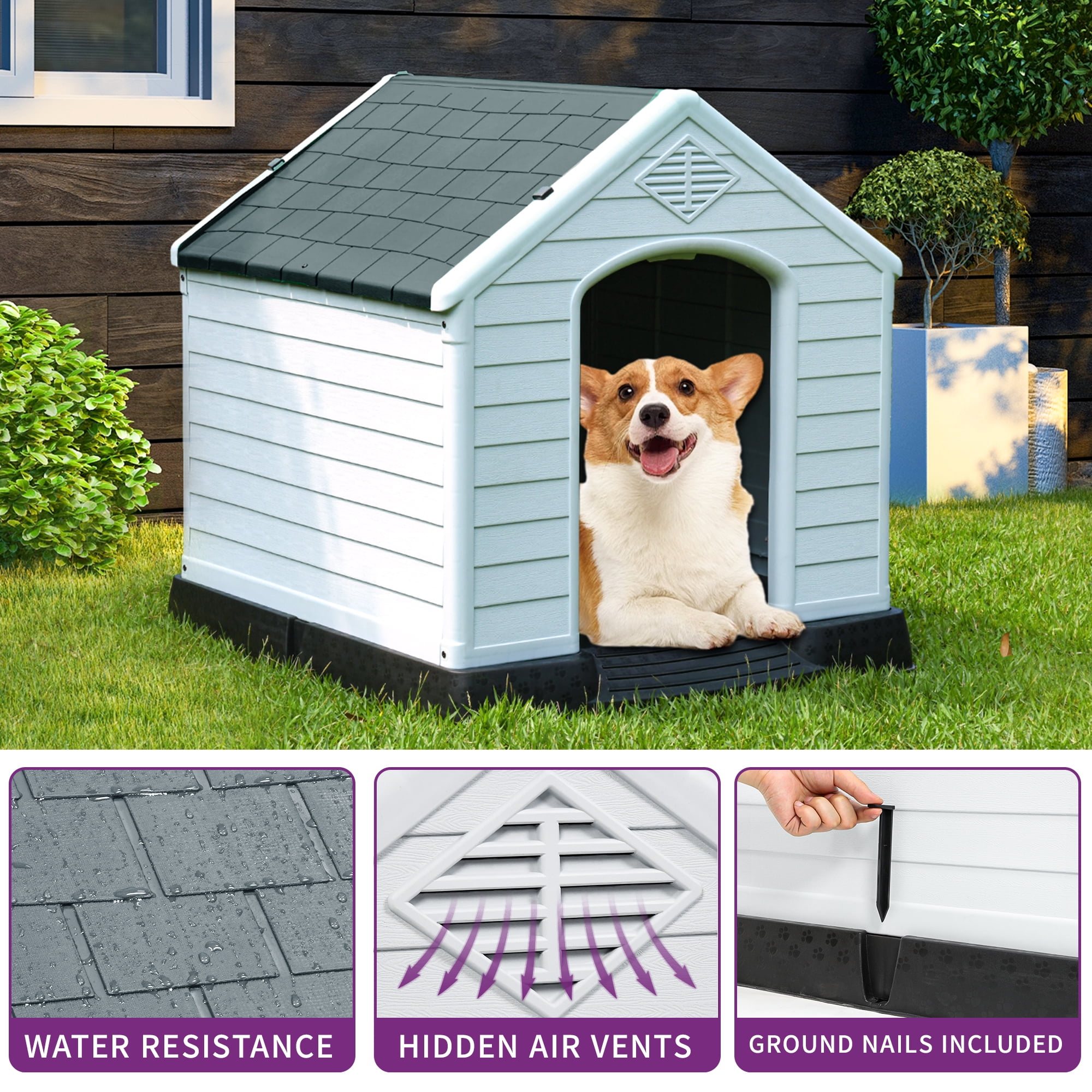 Dextrus Large Plastic Dog House Outdoor Indoor Dog Puppy Shelter Water Resistant with Air Vents and Elevated Floor(28.5'L*26''W*28''H, Gray)