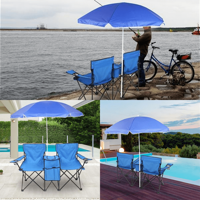 Goorabbit Anti-UV Umbrella Fishing Camping Chair Outdoor 2-Seat Folding  Stool Beach Leisure Lounge Chair Support 180lbs,Blue