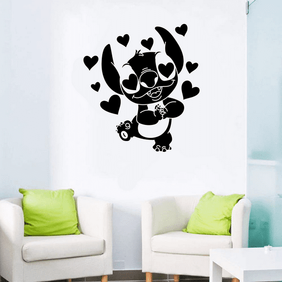 Cute Disney Movie Lilo And Stitch Cute Disney Adorable Stitch Little Hearts Silhouette Disney Wall Sticker Vinyl Decal Home Decor Room Living Room Bedroom Decoration Sticker Decal Size (20x18 inch)