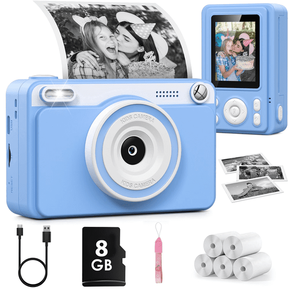 Gofunly Kids Instant Print Camera,Digital Toy Cameras for Boys & Girls Age 3-12 Birthday Learning Gifts Blue with 5Rolls Print Papers