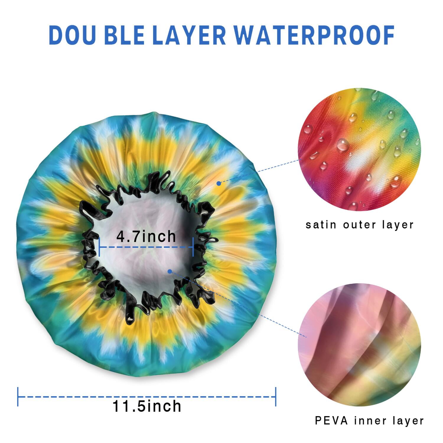 Shower Caps,Rainbow Tie Dye Mandala Pattern Waterproof Shower Cap for Women 4 Pieces,Double Reusable Hair Cover for Shower PEVA Elastic Stretch Hem