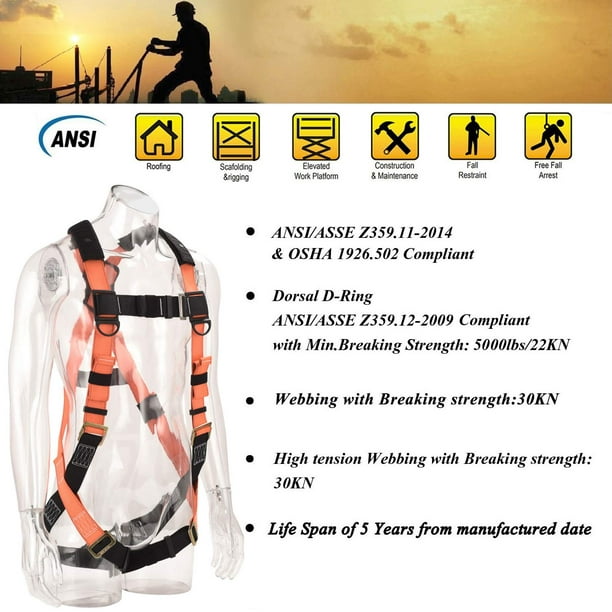 WELKFORDER 1 D-Ring Industrial Fall Protection Safety Harness Kit With  Single Leg 6-Foot Shock Absorber Stretchable Lanyard [1 Snapï¼†1 Rebar Hook]  ANSI Compliant Personal Fall Arrest System(PFAS) 