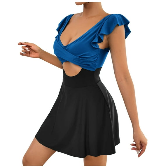 QHFBli Women's Plus Size Swimsuit Tummy Control One Piece Swimdress Ruffle V Neck Cutout Wrap Bathing Suit with Skirt
