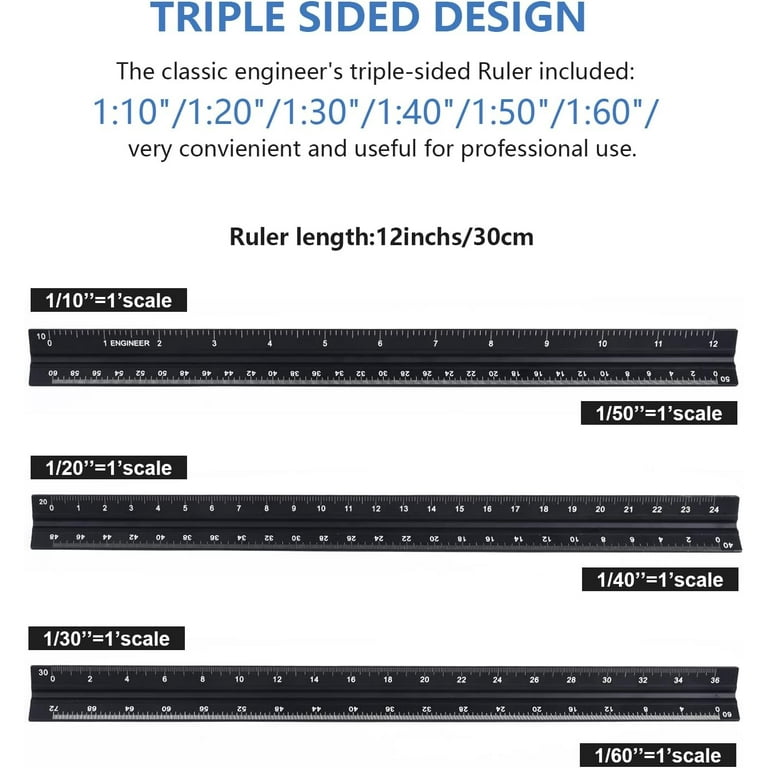 Aluminum Triangular Architect Ruler Laser-Etched Imperial Scales