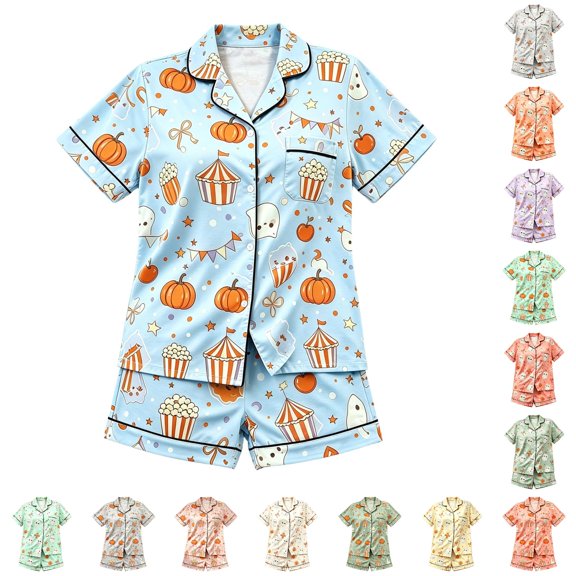Hienoo Halloween Graphic Pajama Set For Girls Short Sleeve Buttons Shirts Shorts Pajamas 2-16 Years