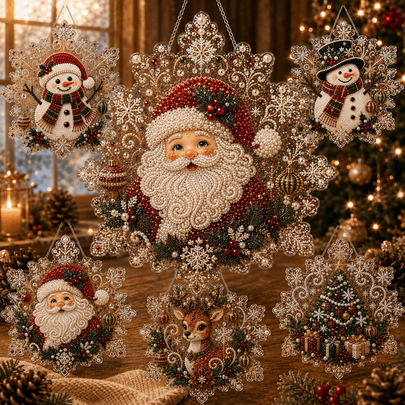 Christmas Pearl Diamond Painting Suncatcher Kit, DIY Acrylic Snowflake Ornament with Mixed-Size Pearls, 6 Festive Designs in 8 or 12 Inch, Holiday Hanging Craft for Adults