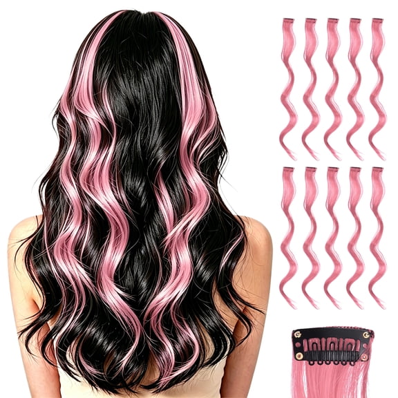Uxcell 10 Pcs Colored Clip in Hair Extensions, 22 Inch Curly Hair Wavy Extensions for Women Girls Highlights Synthetic Wig for Party Cosplay Daily Hair Styling, Peach Pink