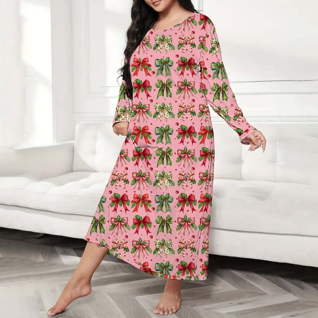 siminseming Chemises de Nuit de Noël pour Femmes & Chemises de Nuit Grande Taille Robe de Nuit Décontractée Imprimé Nœud Papillon Manches Longues Col Rond Extensible Vêtements & Accessoires