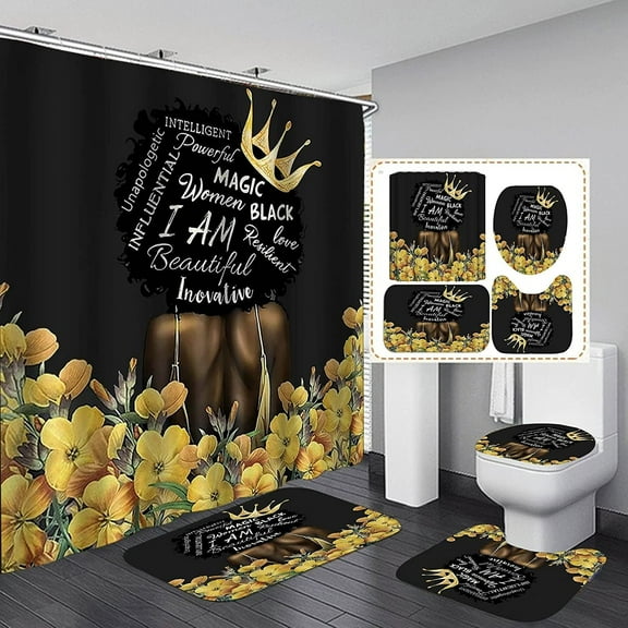 4PCS Black Praying Girl Shower Curtains Set with Hooks, Glitter Inspirational Quotes Shower Curtains with Rugs, Toilet Lid Cover Bath Mat, Fabric African American Woman Bathroom Decor Shower Curtains