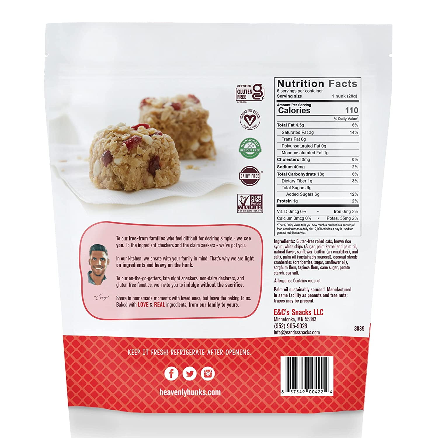 Heavenly Hunks Gluten Free Dairy Free Vegan White Chocolate Cranberry Cookies, 6 oz [Pack of 6]