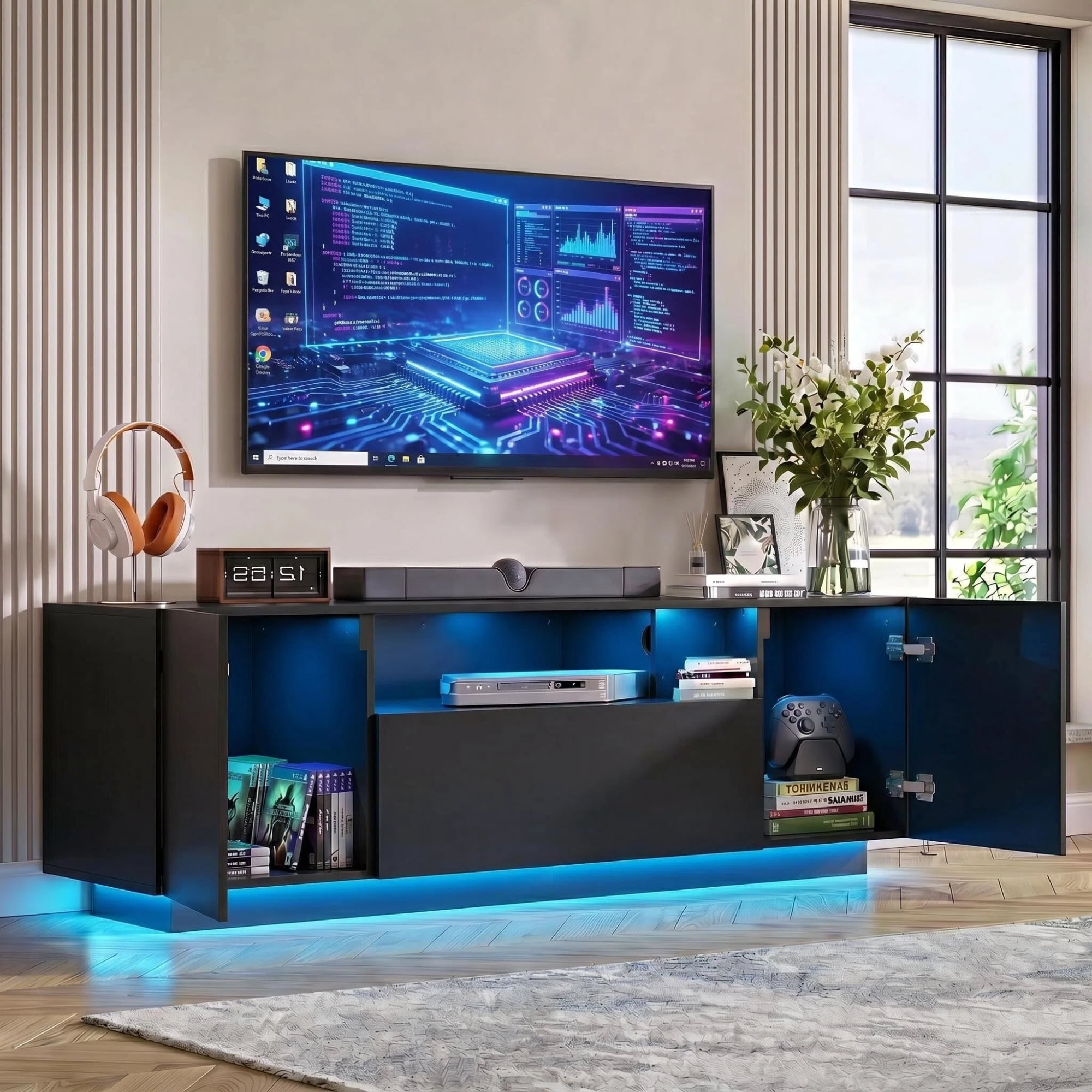 GALAXHERO TV Stand for 65 inch Entertainment Center with LED Lights & Large Storage Cabinet Modern TV Console Stands Table for Living Room Bedroom Black