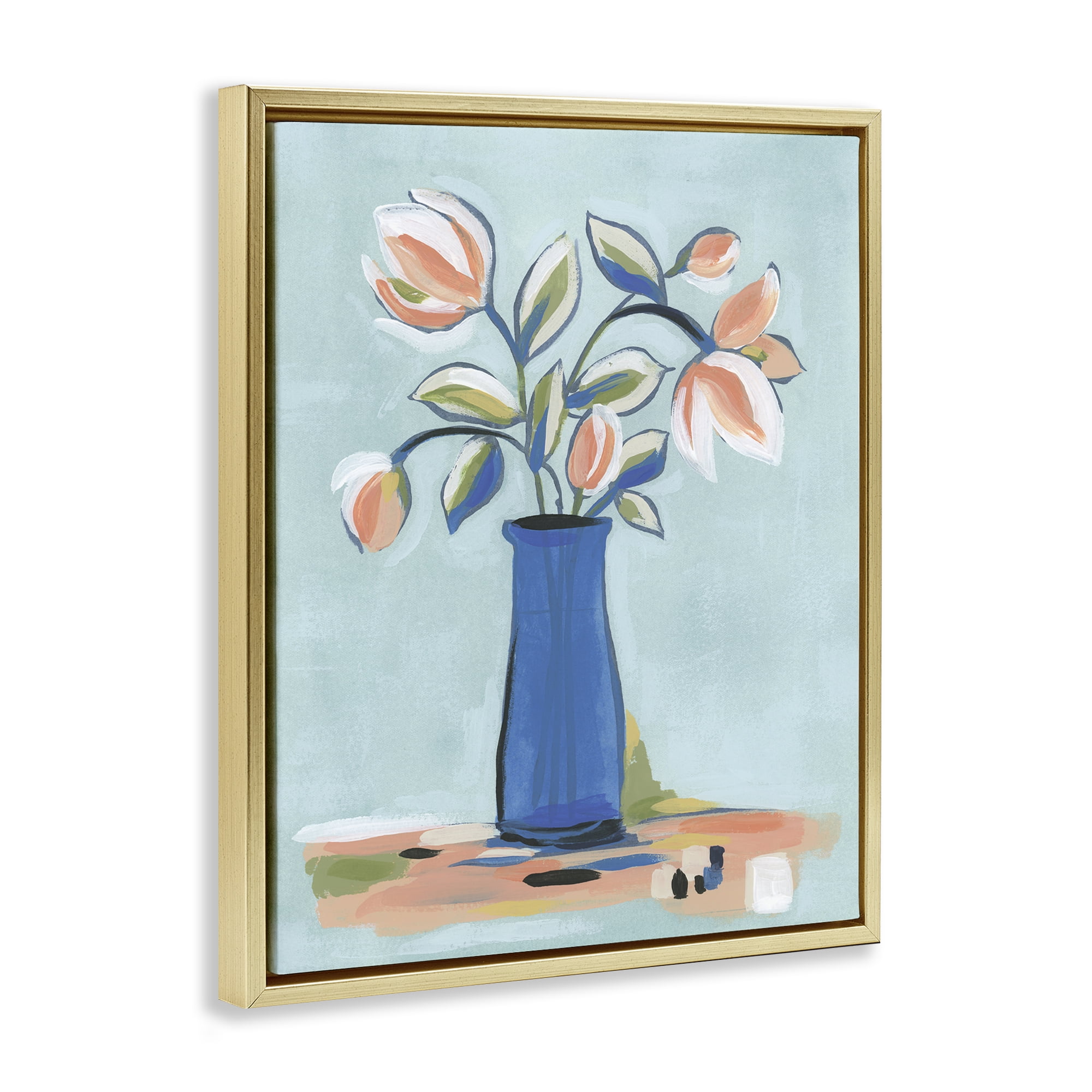 Stupell Industries Pink & Blue Modern Bouquet Plants & Flowers Painting Gold Floater Framed Canvas Art Print Wall Art, 25 x 31