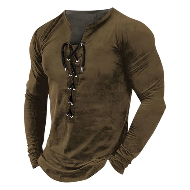 Men's Outdoor Vintage Lace-up Hooded Long-sleeved T-shirt Autumn Plain Casual Top M