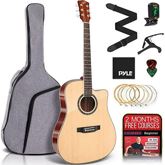 Pyle Full Size Acoustic Guitar Kit, Steel String, Dreadnought Cutaway, with Capo 41” Natural Matte
