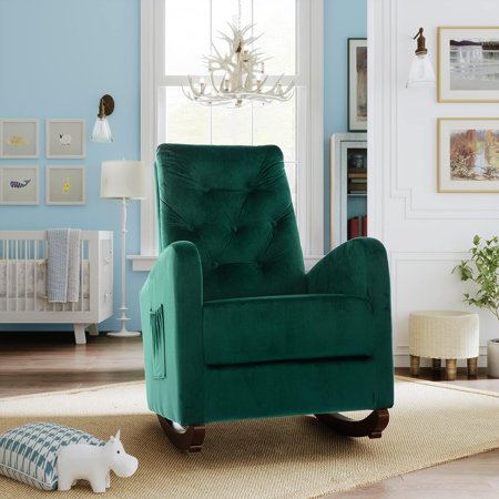 Modern Rocking Chair For Nursery,Upholstered Rocking Sofa,Accent Armchair With High Backrest And Side Pocket,Comfortable Rocker Fabric Padded Seat For Living Room,Bedroom, Baby Room(Green)