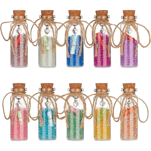 10Pcs Glass Bottle Ornaments Cork Glass Wishing Bottles with Colorful Glass Beads Writable Paper Alloy Heart Pendant Glass Jar Hanging Ornaments Set for Art Crafts Party Supplies DIY
