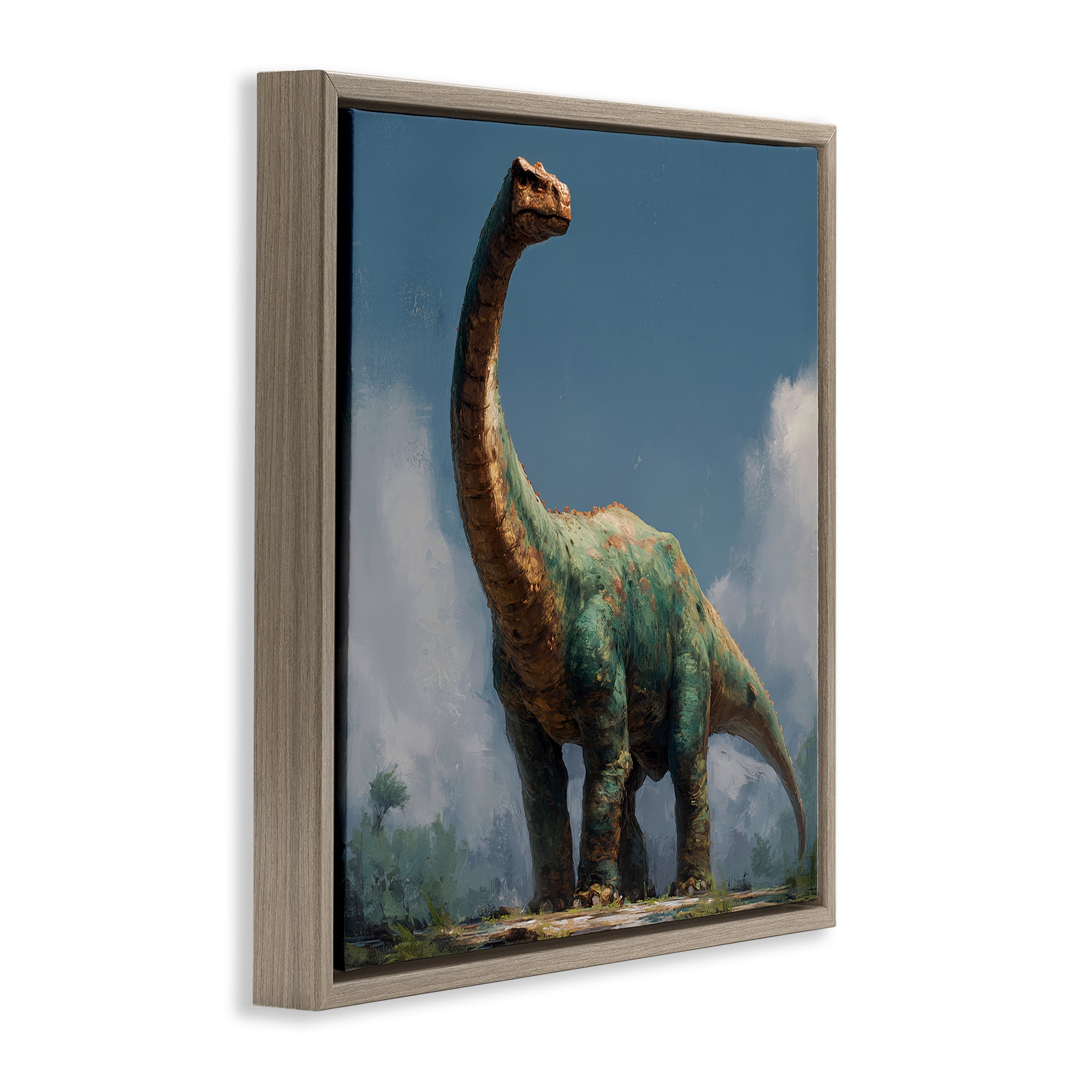 Stupell Industries Colossal Brontosaurus in Meadow Brown Framed Floater Canvas Wall Art, design by Wumples