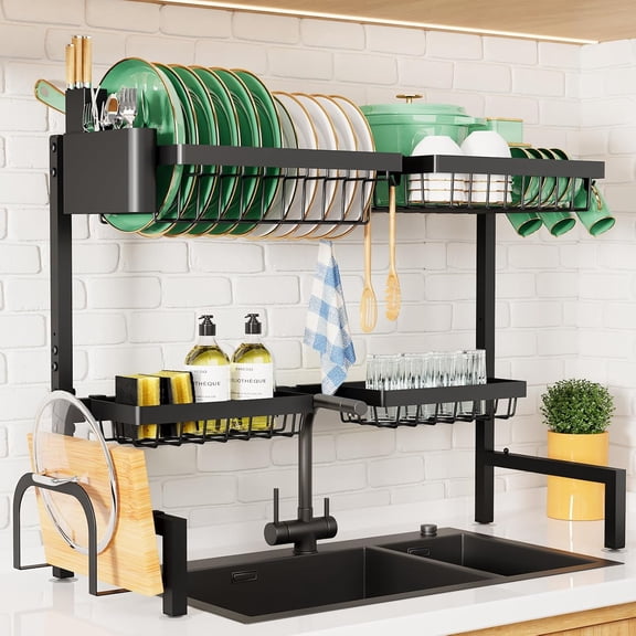 PLERISE Over The Sink Dish Drying Rack – Adjustable 26.8" to 33.9" x 21.5", 2-Tier Large Capacity Sink Rack with Multifunctional Baskets, Black