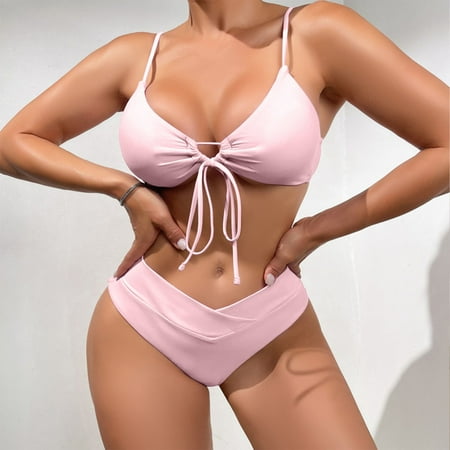 Summer Savings  Fashion Women s Split Casual Sexy Backless Split Beach Bikinis Set Swimsuit  Soft Fabric  Comfortable Fit  High Elasticity  One Size  Swimwear for Summer  Women s Bikini Set | Pink S