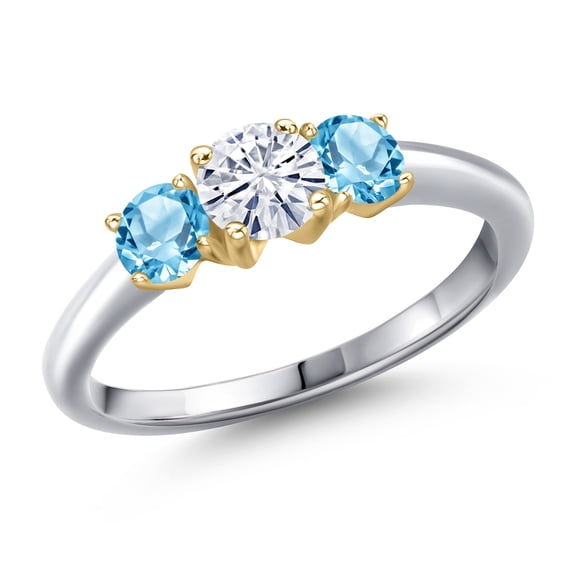 Gem Stone King 10K Two Tone Gold White Moissanite and Swiss Blue Topaz Engagement Ring for Women | 1.21 Cttw | Round 5MM | Gemstone Birthstone | Size 7