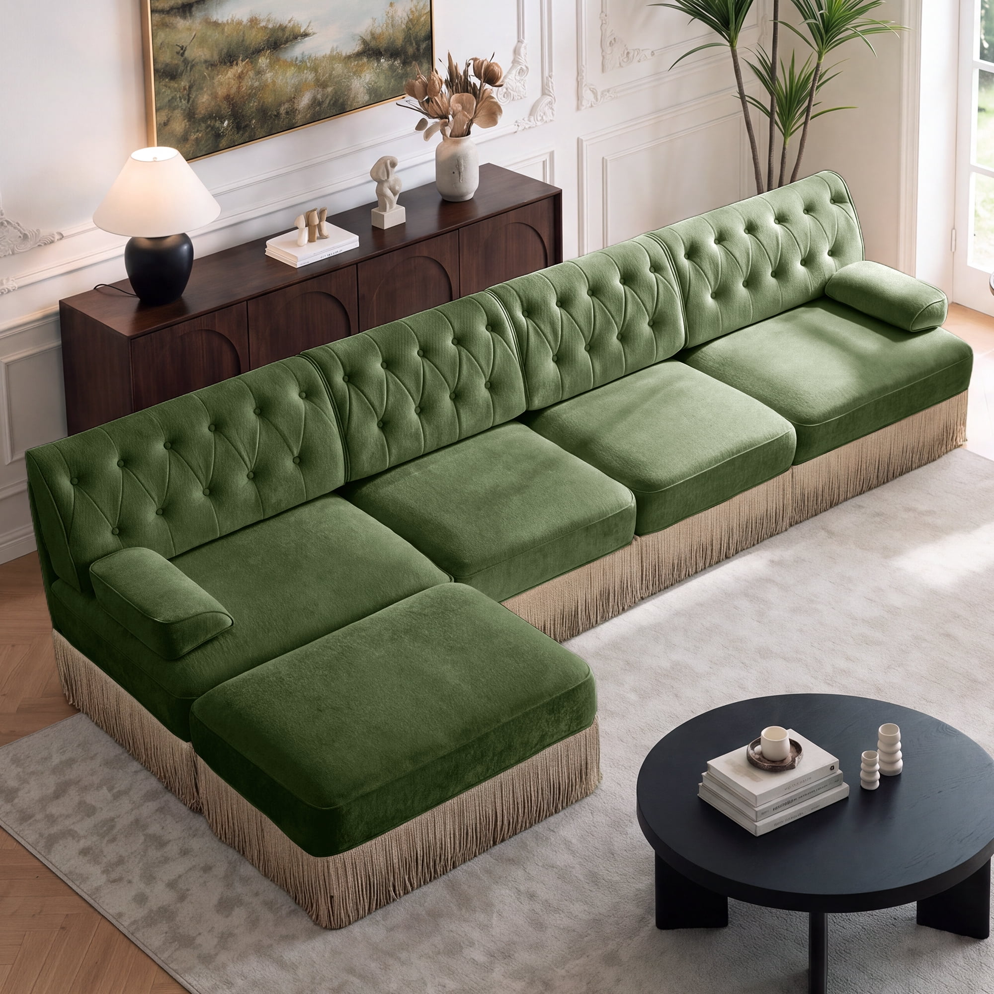 135" Chesterfield 4 Seater L-Shaped Modular Sectional Sofa Set with Ottoman and Tassel Skirt, Easy to Assemble