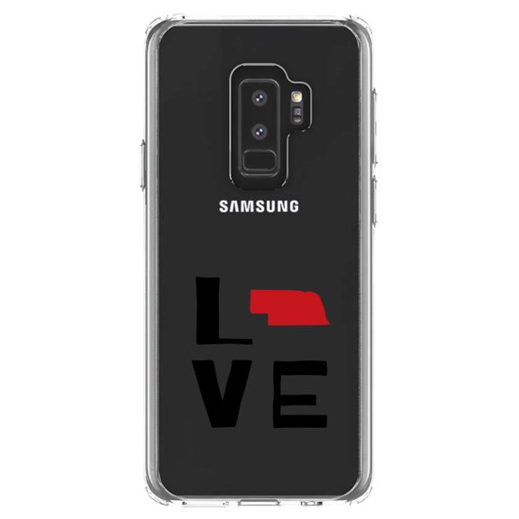 DistinctInk Clear Shockproof Hybrid Case for Samsung Galaxy S9  PLUS (6.2" Screen) - TPU Bumper Acrylic Back Tempered Glass Screen Protector - Nebraska - Love Black & Red
