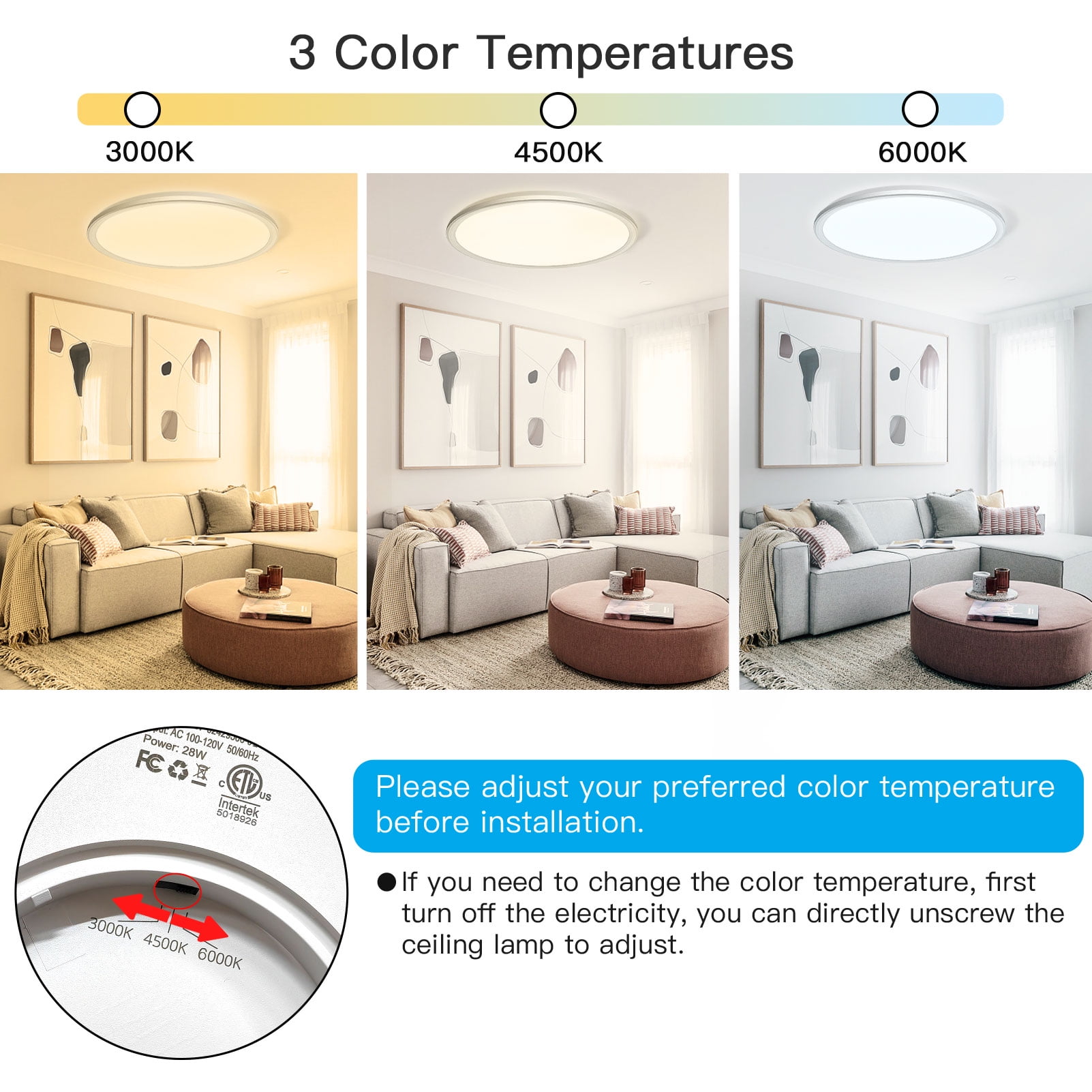 KOGYAS Flush Mount LED Ceiling Light Fixture with 3 Adjustable Color Options,12 Inch 24 Watt Thin Ceiling Lamp Surface Mount for Kitchen Bedroom Utility Laundry Closet Room(2 Packs)