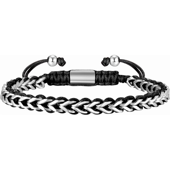 Rope & Chain Braided Link Bracelet for Men : Handmade Trendy Men's Stainless Steel Metal Non Tarnish Waterproof Cuban Chain Bracelet Fashion Jewelry Gift for Dad Son Boyfriend, Adjustable