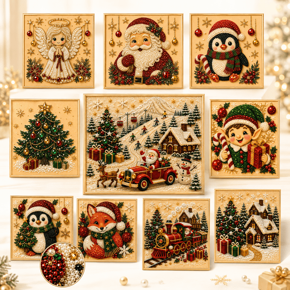 DIY Christmas Pearl Diamond Painting Art Kit with Frame, Diamond Art Kits for Adults with Pearl Beads and Sparkling Gems, Christmas Diamond Painting Kit Beginner Craft for Home Decor
