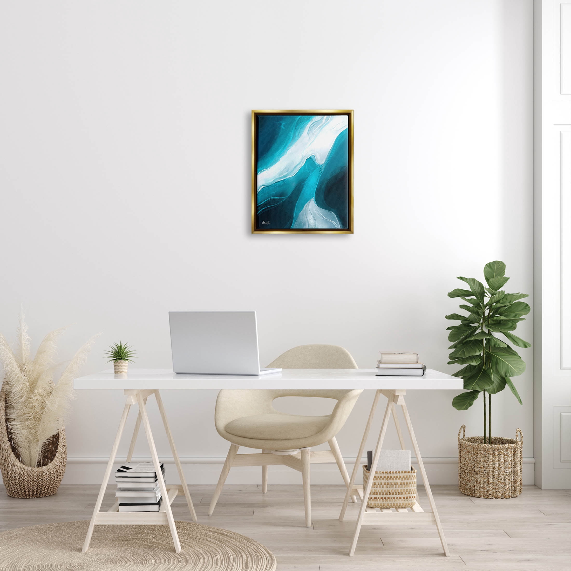Fluid Blue Shapes Arrangement Abstract Graphic Art Metallic Gold Framed Art Print Wall Art