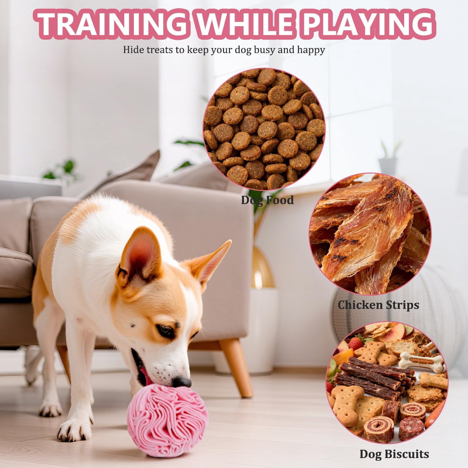Snuffle Ball for Dogs, Slow Feeder Mental Enrichment Toy, Cute Interactive Puzzle Game for Anxiety Relief & Indoor Fun, Pet Search Game for Small Medium Dogs, Machine Washable Light Red,Small