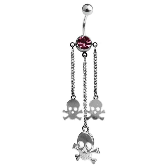 Triple Skull Dangle Chain CZ Gem Belly Navel Ring Surgical Steel 14g