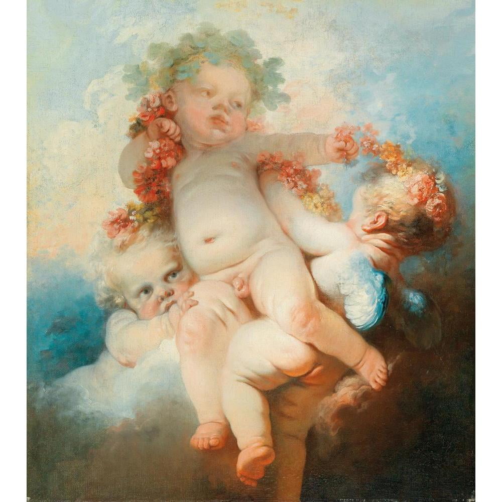 Jean-Honoré Fragonard 12x13 Black Modern Framed Museum Art Print Titled - Three Putti Crowned with Flowers