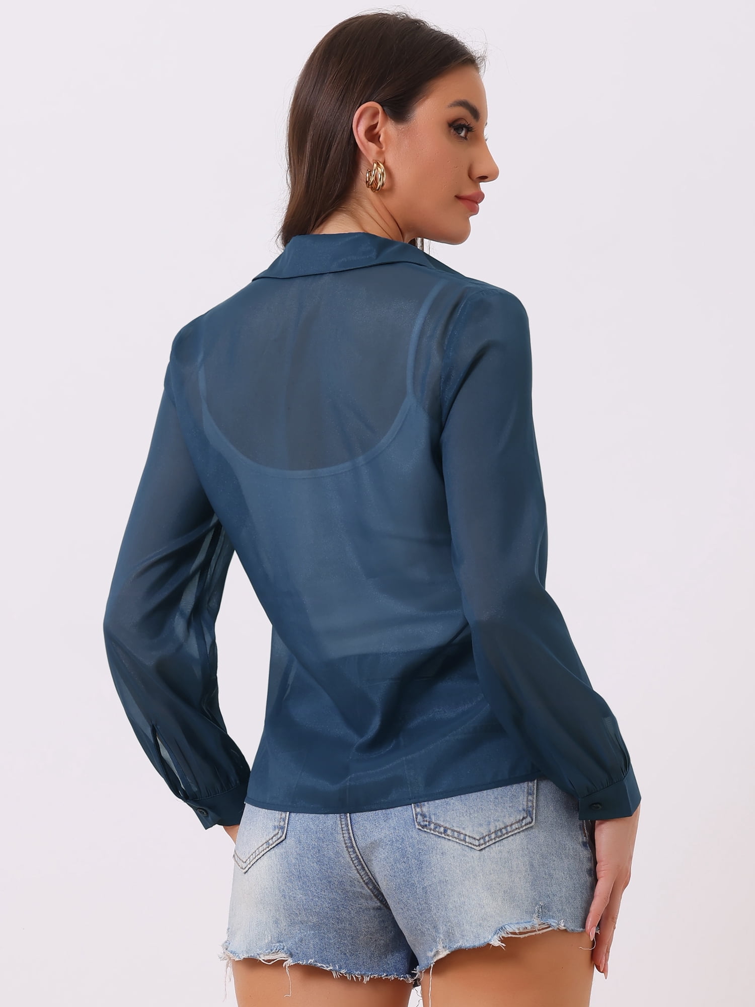 DARING DIVA Women's Long Sleeve Tops Button Down See Through Mesh Shirt XS Dark Blue
