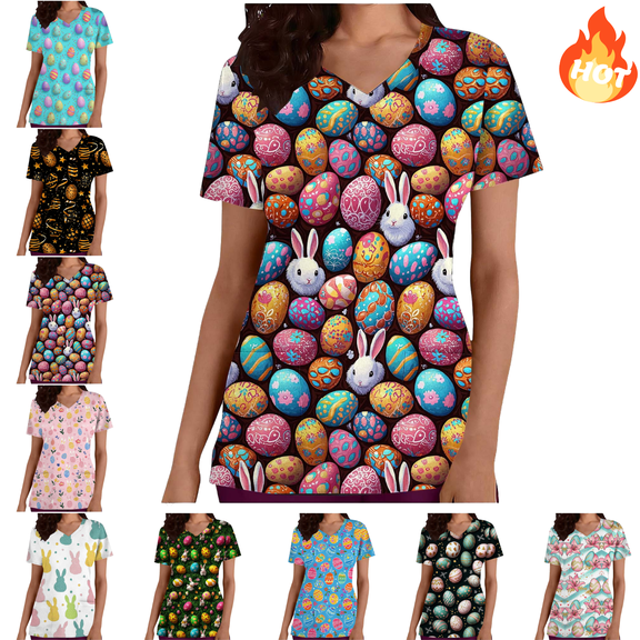 Mifsaly Womens Scrub Tops Cute Bunny and Egg Print Easter Shirts for Women V-Neck Short Sleeve Nursing Uniforms Doctors Nurse Festival Casual Workwear with Pockets S