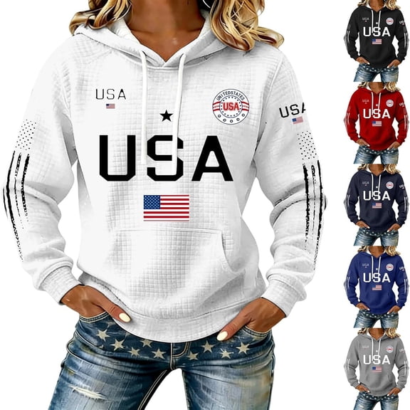 Hpapadks Womens Hoodie Women's Patriotic Print Pullover Hoodie Soft Fleece Top Womens Sweatshirts