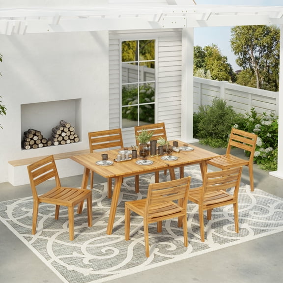 GDF Studio Slatted 7-Piece Outdoor Patio Dining Set with Acacia Wood Table and Solid Wood Chairs, Teak Finish