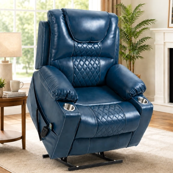 Lift Recliner for Elderly, LEGAHOME Electric Power Lift Chair with Heated and Massage, 26" Oversized PU Leather Recliner Chair with Cup Holders & Side Pockets up 400 lbs, Blue
