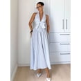 thumbnail image 7 of Blue And White Vertical Striped Deep V-Neck Halter Bow Front Smocked Waist Flowy A-Line Maxi Dress, 7 of 7