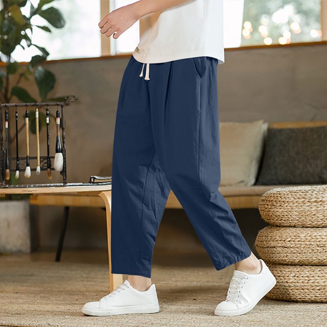 Yusimy Men's Casual Pants Elastic Waist Drawstring Solid Color Pocket Casual Style