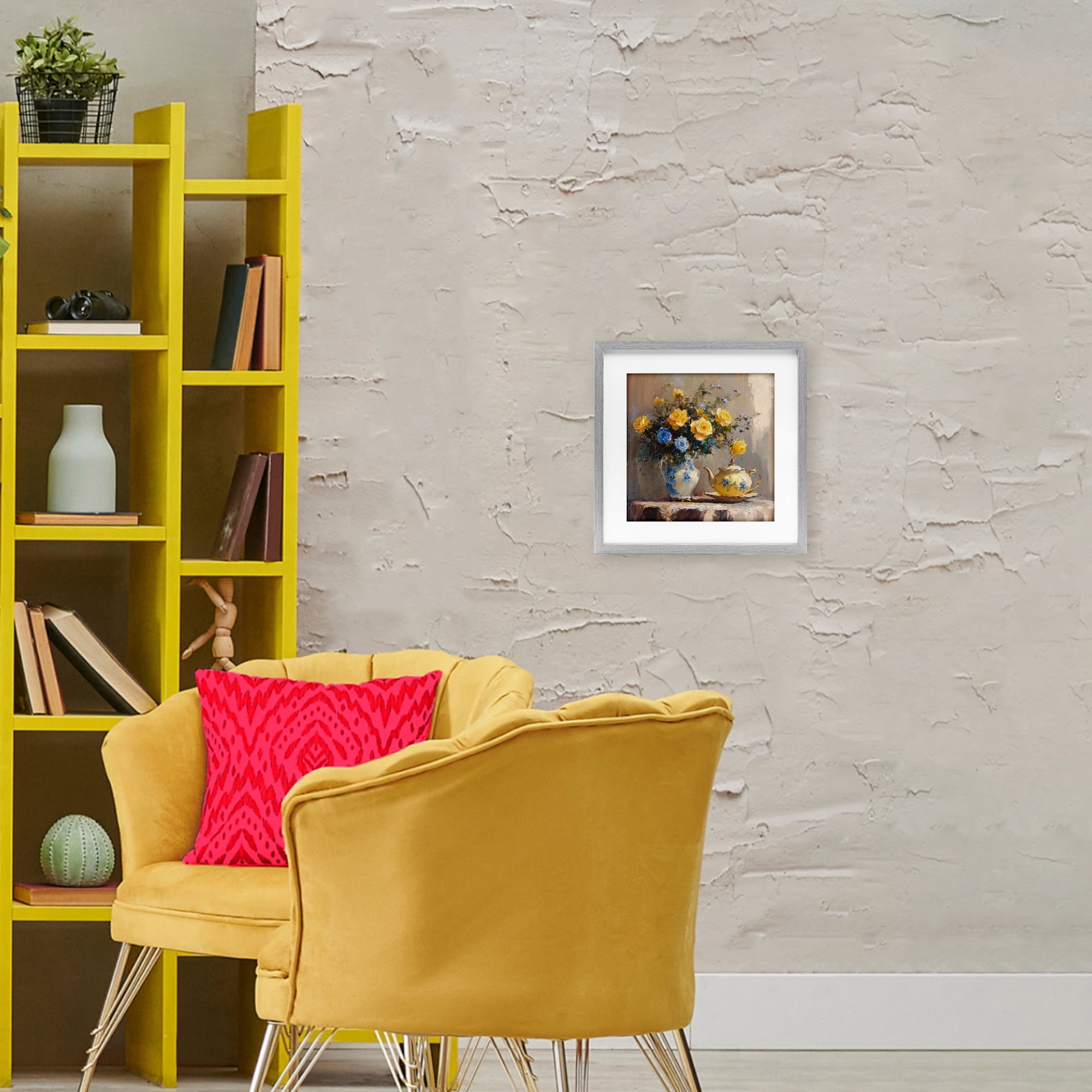 Stupell Industries Tea Time Blue & Yellow Bouquet Gray Framed Print Under Glass, design by Petal Prints Design